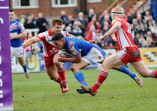 THRIVING: Wakefield Trinity Wildcats' Mikey Sio scores his side's second try against Salford Red Devils on Saturday. 2nd April 2016. 
Picture: Jonathan Gawthorpe