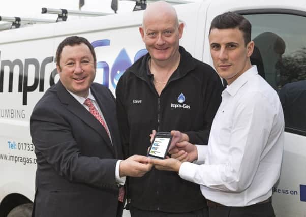 The Apprentice Winner 2015, Joseph Valente, adopts BigChange technology to spring board growth.  From left to right  Martin Port - CEO, BigChange Apps, Stephan Lee - Senior Gas Engineer, Impra-Gas and Joseph Valente - Managing Director, Impra-Gas