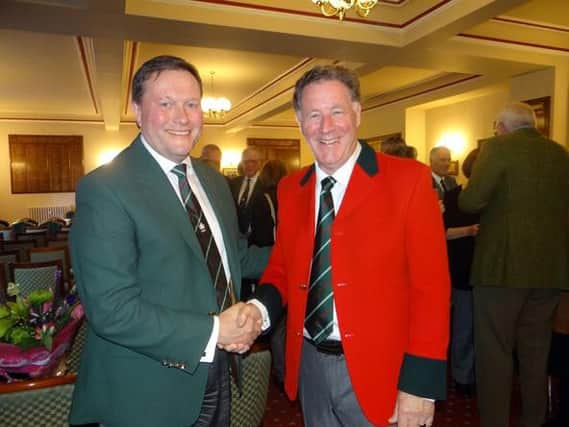 Parnell Reilly, resplendent in Huddersfield GC red men's captain's jacket, with his predecessor Nick Ledgard (Picture: Anita Mandl).