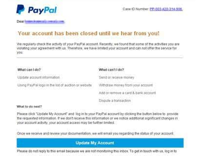 The bogus Paypal email