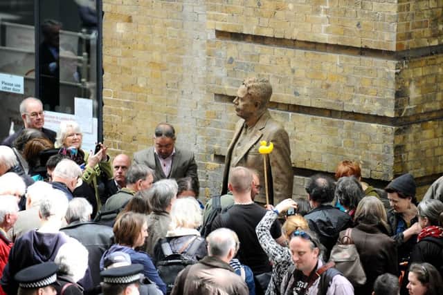 Sculptor Hazel Reeves unveiled her statue of railway engineer Sir Nigel Gresley on the 75th anniversary of his death at King's Cross railway station, London.