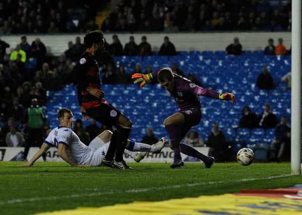 Chris Wood scrambles home Leeds's goal.
 Picture: Jonathan Gawthorpe