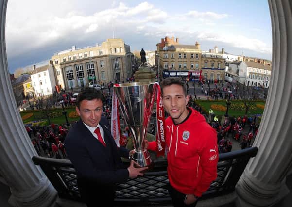 It's ours: Caretaker Barnsley head coach Paul Heckingbottom and captain Conor Hourihane with the JP Trophy at Barnsley Town Hall. 
Picture: Scott Merrylees