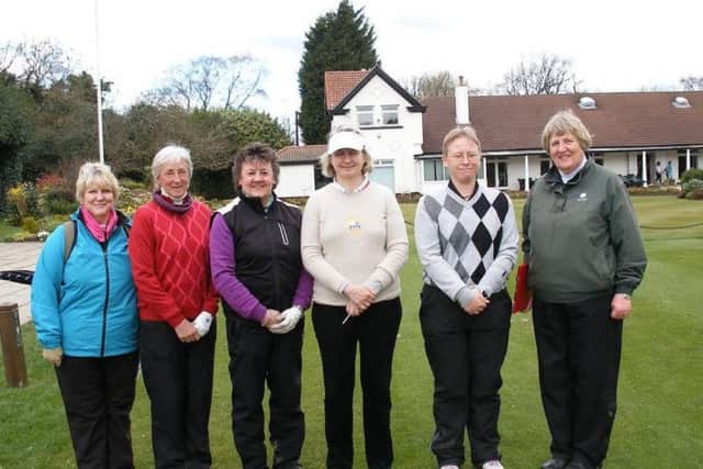 Northern Foursomes finalists Carol Simpson and Judy Butler (Malton & Norton GC) and Jayne Halliwell and Mary Pat Moore (Bingley St Ives GC) with YLCGA captain Dawn Clegg and match referee Ruth Goodwin.