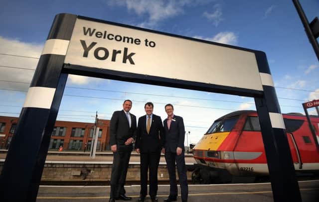 Library pic: Culture Secretary John Whittingdale (centre) pictured with Sir Gary Verity and David Horne the MD for Virgin Trains East Coast, at York Station earlier this year.