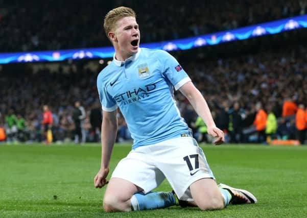 Manchester City's Kevin De Bruyne celebrates scoring his side's first goal of the game during the UEFA Champions League Quarter Final, Second Leg