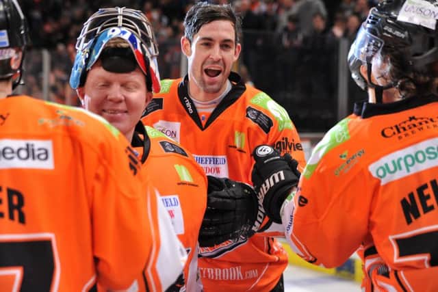 Sarich celebrates a win over Manchester Storm during the 2015-16 season. Picture: Dean Woolley.