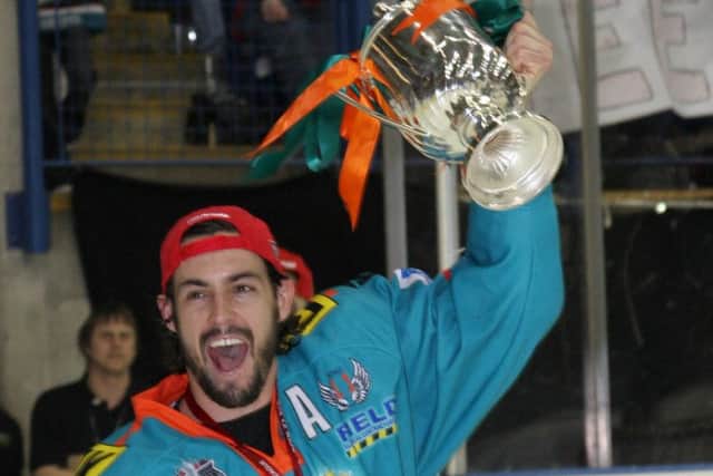 Rod Sarich, celebrating the 2009 play-off triumph with Sheffield Steelers under Dave Matsos.