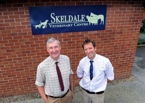 Julian Norton, right, and former Herriot trainee Peter Wright, who run the Skeldale Veterinary Centre in Thirsk and are part of Channel 5's new series The Vet.
25th September2015.
Picture : Jonathan Gawthorpe