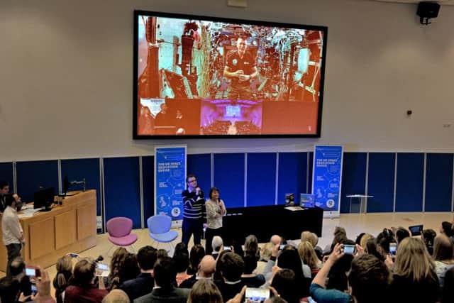 Astronaut Tim Peake speaks on a live link from the International Space Station to primary school tachers gathered at York University.  Picture by Tony Johnson