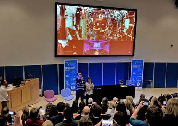 Astronaut Tim Peake speaks on a live link from the International Space Station to primary school tachers gathered at ESERO-UK, the UK space education office, based at the National STEM Learning Centre at York University.  Picture by Tony Johnson