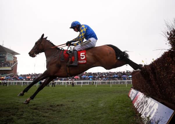 Maggio clears a fence on the way to winning the Betfred Handicap Chase during Grand National Day (Picture: David Davies/PA).