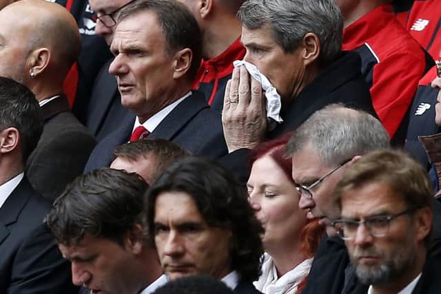 Former Liverpool players Phil Thompson and Alan Hansen during the last memorial service to be held at Anfield, Liverpool