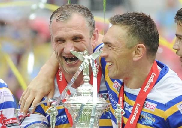 Leeds Rhinos' Jamie Peacock and Kevin Sinfield with the Challenge Cup trophy at Wembley last year.