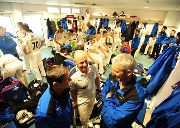 READY AMND WILLING: Yorkshire CCC captain Andrew Gale, Director of Cricket Martyn Moxon and Coach Jason Gillespie chat in the dressing room as the squad prepare for the annual team photocall. Picture: SWPIX.COM