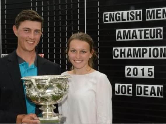 English men's amateur champion Joe Dean, pictured with girlfriend Emily Lyle, who caddied for him as he won a EuroPro Tour card in the Final Stage of Qualifying School (Picture: Chris Stratford).