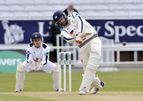 Liam Plunkett on his way to his first Championship century, which arrived from just 102 balls and contained two sixes and 18 fours, against Hampshire at Headingley. (Picture: Bruce Rollinson)