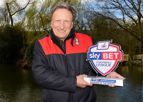Rotherham United Manager Neil Warnock is awarded with the Sky Bet Manager of the Month award. Picture: Dougie Allward/JMP
