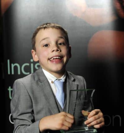 Bailey Matthews after he recieved the Personality of the year award.
Yorkshire Young Achievers Awards 2015.  Elland Road, Leeds.  19 November 2015.  Picture Bruce Rollinson