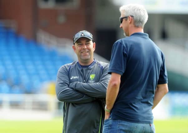 Yorkshire coach Jason Gillespie, right, chats with Australia coach, Darren Lehmann at headingley back in 2013.