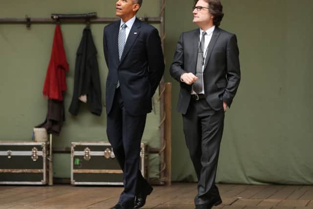 US President Barack Obama is given a brief tour of the theatre by Patrick Spottiswoode, director of Globe Education during a visit to the Globe Theatre in London to mark the 400th anniversary of the death of William Shakespeare.