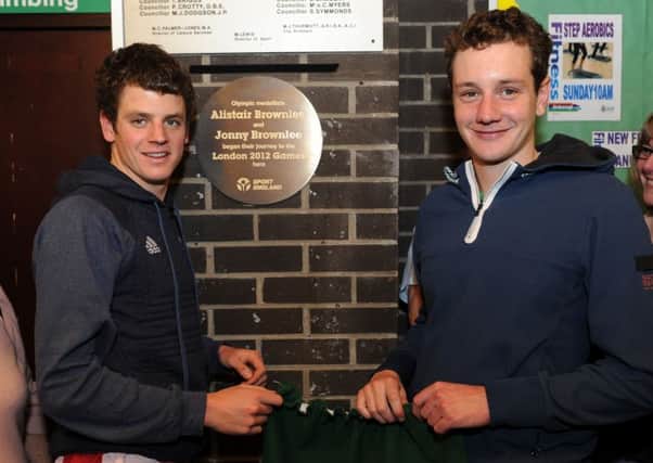 Jonny and Alistair Brownlee unveil a plaque to them at their old club Aireborough Swimming Club, Aireborough Leisure Centre, Guiseley.