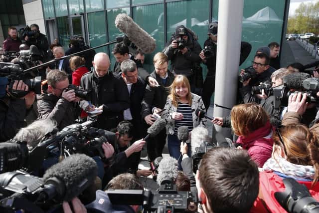 Chair of the Hillsborough Families Support Group, Margaret Aspinall, speaks to the media outside the Hillsborough Inquest in Warrington