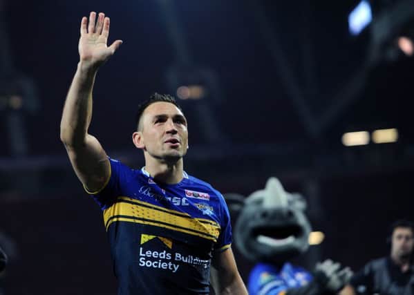CHEERIO: Kevin Sinfield waves goodbye to fans at the end of the grand final at Old Trafford last year. 
Picture: Jonathan Gawthorpe