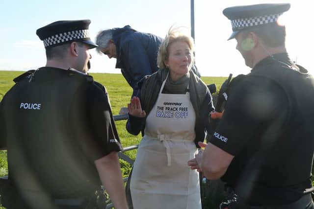 Actress Emma Thompson at a potential fracking site near Preston, where they have broken a court injunction to film a pastiche episode of the Great British Bake Off