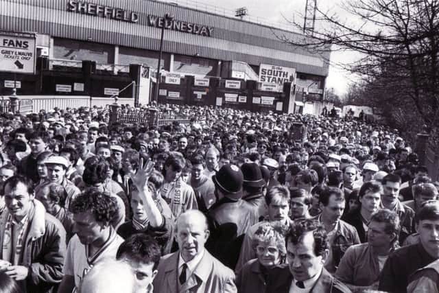 Leeds United fans make a quiet exit from the Hillsborough ground in 1987