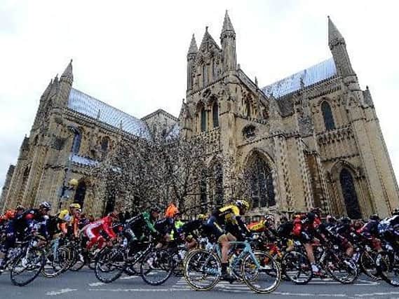 Tour de Yorkshire riders outside Beverley Minster at last year's event