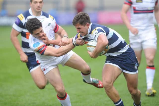 Doncaster Knights' Paul Jarvis tackles Carnegie's Taylor Prell. Picture: Steve Riding.