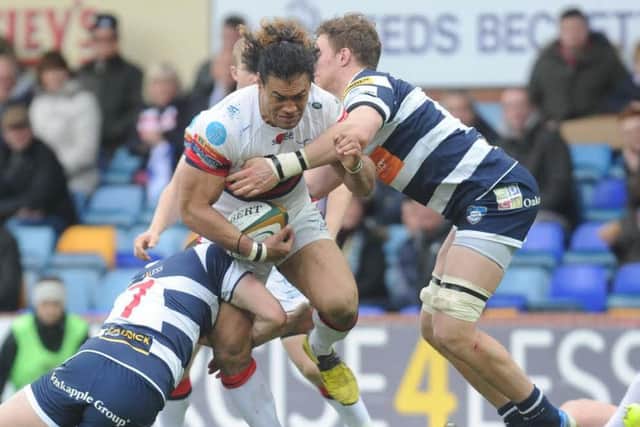 Doncaster knights Laku Makaafi tries to batter his way through the Carnegie line. Picture: Steve Riding.