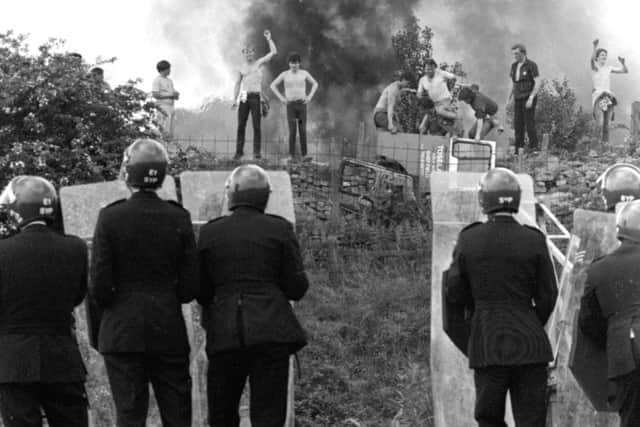 Riot police were faced by pickets at the Orgreave coke works in Yorkshire during the miners' strike.