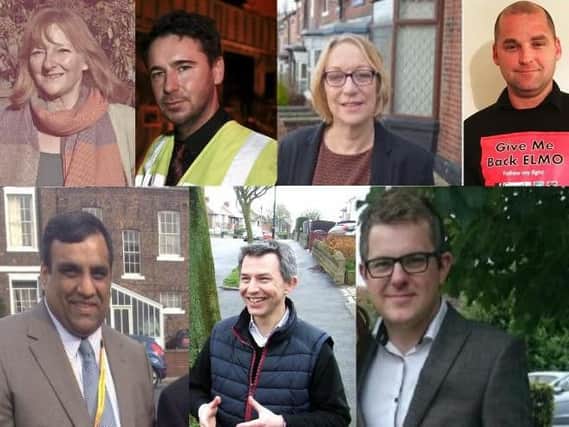 Candidates standing in the Sheffield Brightside and Hillsborough by-election clockwise l-r: Christine Gilligan Kubo (Green), Steven Winstone (UKIP), Gill Furniss (Labour), Bobby Smith (Give Me Back Elmo), Shaffaq Mohammed (Liberal Democrat), Spencer Pitfield (Conservative) Stevie Manion (Yorkshire First)
