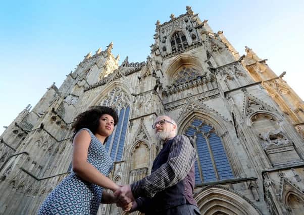 York Minster  will host the spectacular staging of the York  Mystery Plays, pictured Community actors who will play Mary and Joseph, Ruby Barker,  and Mark Comer.