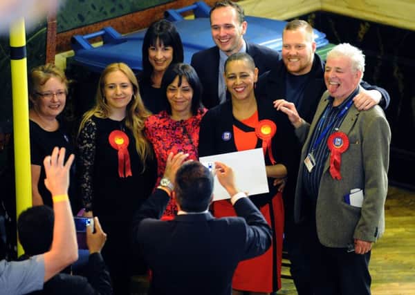 Labour's Alison Lowe (centre) poses for photos after winning the Armley ward.
 
Picture : Jonathan Gawthorpe
.