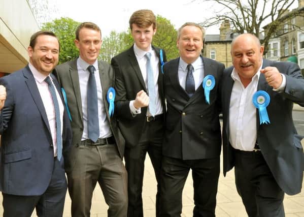 Five new faces on Harrogate Council. From left, Nathan Hull Lower Nidderdale, Tim Myatt Marston Moor , Ash Teague Ouseburn, Nick Duxbury Claro and Andy Paraskos Ribston celebrating their victories. (GL1009/93e)