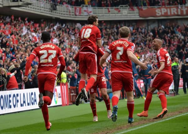 Middlesbrough's Christian Stuani (centre) celebrates after scoring.