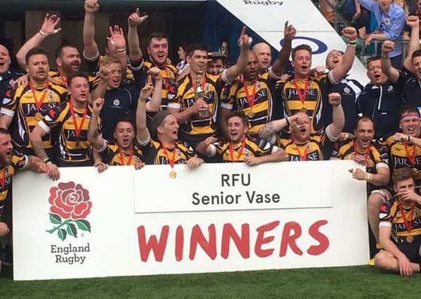 BACK WITH A BANG: West Leeds celebrate victory over Withycombe in the Senior Vase final at Twickenham on Saturday. Picture: RFU