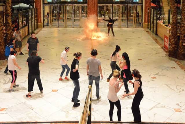 An exercise at the Trafford Centre in Manchester, where police joined forces with other agencies during a simulated terror attack to test the emergency response to a major incident.