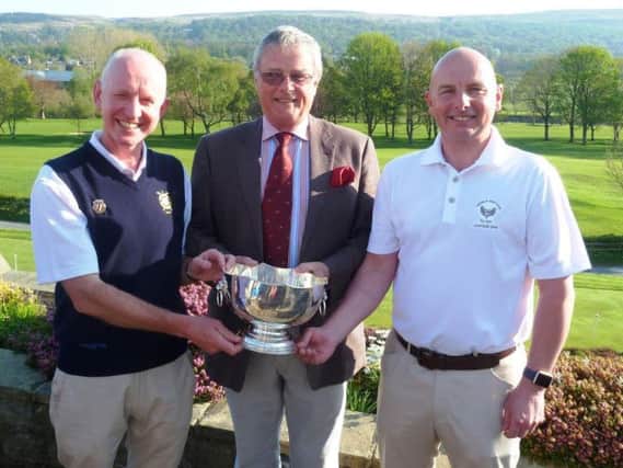 The winning club captains, l to r, at the Harrogate Third Division team championship: Jon Clayton (Pannal), Paxton Dewar (Ilkley) and Andy Partridge (Oakdale).