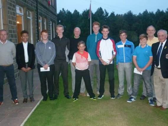 2015 Huddersfield Halifax Junior Order of Merit prize winners, pictured with junior organisers from Crosland Heath GC and Outland GC, and Bradley Park GC president Keith Waddington.