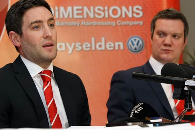 Barnsley chief executive Ben Mansford, right, with former Tykes head coach, Lee Johnson.