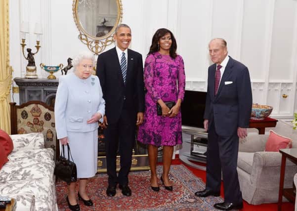 Queen Elizabeth II and the Duke of Edinburgh stand with the President and First Lady of the United States Barack Obama and his wife Michelle (both centre), in the Oak Room at Windsor Castle. It is said Britain will lose prestige if the UK votes for Brexit on June 23.