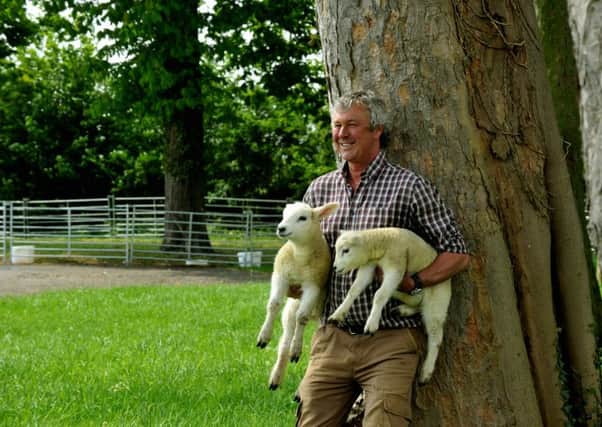 Gary McPartland of Hornington Manor near Bolton Percy holding two orphaned lambs.  (GL1010/00f)