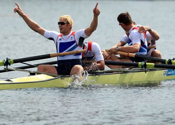 GOLDEN MOMENT: Great Britain's Men's Four of (left to right) Andrew Triggs Hodge, Tom James, Pete Reed and Alex Gregory celebrate winning gold in the final back in 2012. Picture: Stephen Pond/PA