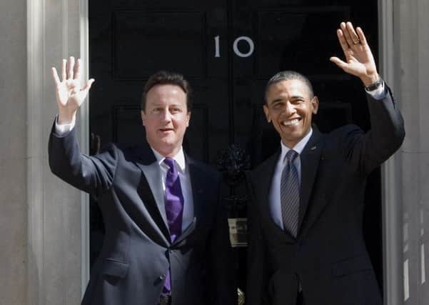 Prime Minister David Cameron greets American President Barack Obama as he arrives in Downing Street, London, for a press conference dominated by the EU referendum.