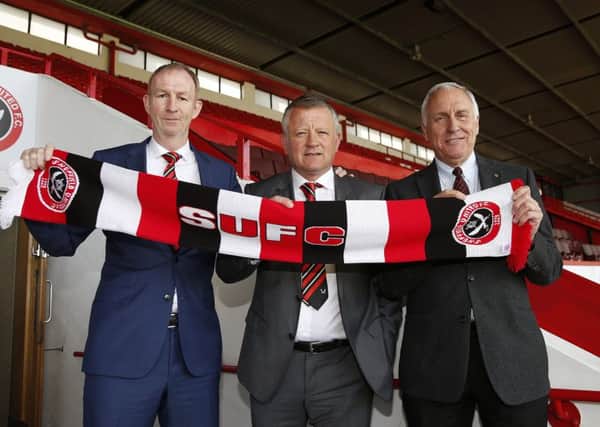 Alan Knill assistant manager, Chris Wilder the new manager of Sheffield Utd and Kevin McCabe co-owner. Picture: Sport Image