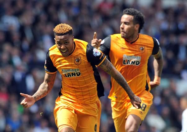Abel Hernandez celebrates scoring Hull City's first goal against Derby County (Picture: Tony Johnson).